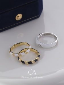 Luxurious S925 Sterling Silver Gold Plated Black White Enamel Striped Ring Stackable Closure Diamond Ring Fashionable Vintage Gift