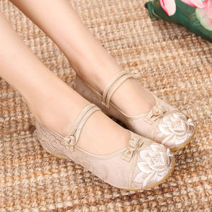Beijing Ladies Low Heel Embroidered Cloth Shoes National Style Hanfu Inner Heightening Tea Costume Qipao Folk Zen Embroidery Shoes