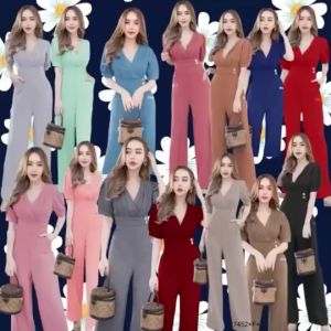 CH17452✨Jumpsuit จั้มสูทขายาว เป็นงานสีพื้นอกจับจีบ