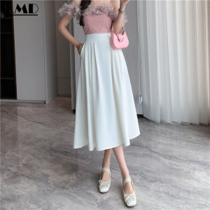 AMMIN 2023 summer new French A-frame umbrella skirt long over the knee skirt female Korean style high waist pocket fold invisible zipper design simple solid color fashion swing skirt