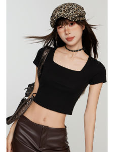 Áo Thun Nữ Tay Ngắn Cổ Vuông Màu Đen Cỡ Nhỏ Mùa Hè Ôm Vừa Vặn Gợi Cảm Ngắn Cạp Cao evPgb 051303