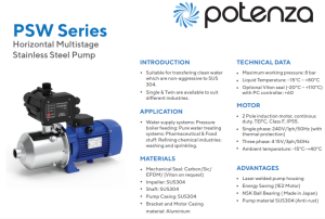 Potenza PSW2-40PC 0.75HP/0.55kW Water Pump Stainless Steel Inlet/Outlet 1" for 2-3 Bathrooms TM Top