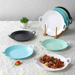 จานเสิร์ฟไวนิลทรงกลมขนาดใหญ่แบบจานเสิร์ฟสไตล์จีนสำหรับโรงแรม จานเสิร์ฟหมูสับสีแดง เครื่องแกง จานเสิร์ฟแบบมีหูสองข้าง จานเสิร์ฟผัดกะเพราเผ็ดร้อน