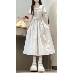 unifittoo | Collar Striped White Summer Dress Slim Waist Petite Long
