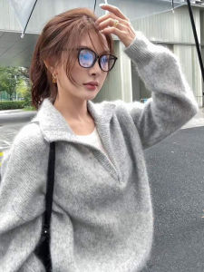 Korean Style Gray Lapel Cozy Knitted Sweater Women