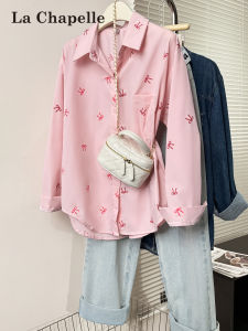 La Chapelle | Pink Bow Print Long Sleeve Blouse Womens Shirt Loose Design Sun Protection