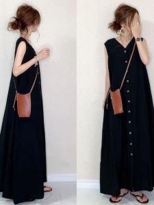 Summer Womens V-Neck Sleeveless Vest Dress Loose A-Line Long Skirt Casual Artistic Style Wide Hemline Versatile Comfortable