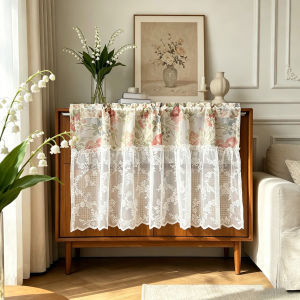 Vintage Floral Print Short Curtain Lace Patchwork Sheer Transparent Rod Pocket Valance for Kitchen Cabinet Window Home Decor