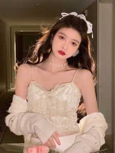 chaqi | เสื้อกั๊กผ้าลูกไม้เซ็กซี่สไตล์ฝรั่งเศสสำหรับผู้หญิง ใส่ด้านนอก ดีไซน์หลังสวยงาม ชุดคลุมเสื้อชั้นใน แขนสั้น เสื้อชั้นในผู้หญิง