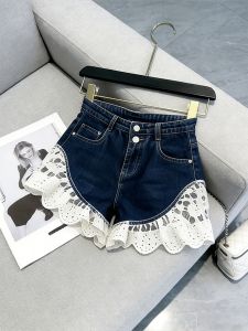 Lace Spliced Blue Jeans Shorts Design Sense Feminine