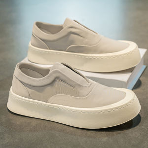Mens Canvas Slip-On Shoes Breathable Thin Sporty Low-Top Rubber Outsole Korean Style round Toe Flat Heel Solid Color