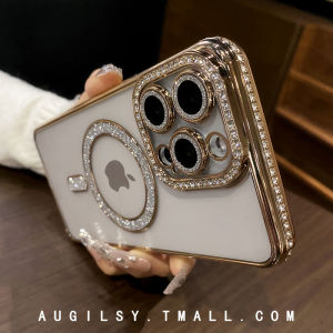 Luxury Glitter Diamond Embedded Magnetic Absorption Phone Case for Apple 14Pro Max Full Cover Lens Film iPhone 13 Protective Cover Suitable for 12 Shiny 15Plus Premium Feel Women 11 Transparent