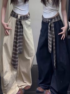 High Waist Wide Leg Pants Womens Summer New American Retro Workwear Casual Trousers Plaid Belted Knife Shape Casual Pants