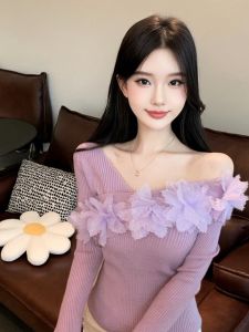 GUZILIAN | Áo Knit Phong Cách Hàn Quốc Elegance Ôm Body Tay Dài Hở Vai