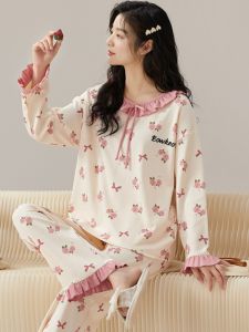 ผ้าฝ้ายแขนยาวชุดนอนสําหรับสตรีฤดูใบไม้ผลิฤดูใบไม้ร่วงน่ารักสไตล์เกาหลีเจ้าหญิงสบายๆเสื้อผ้า 2 ชิ้น