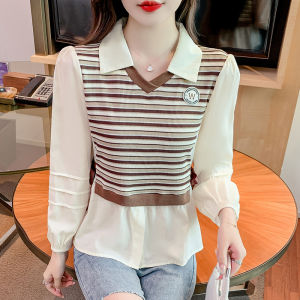 Fake Two-Piece Chiffon Shirt for Women 2024 New Arrival Spring Loose Stripes Polo Collar Elegant Spring and Summer Shirt Tops