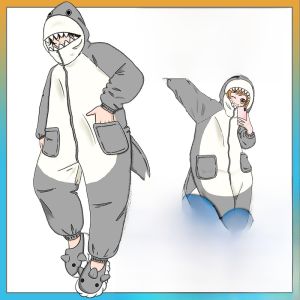 Thick Long Plush Couples Sleepwear Cartoon Shark Design Cute One-Piece Pajamas for Men And Women Autumn Winter Home Clothes