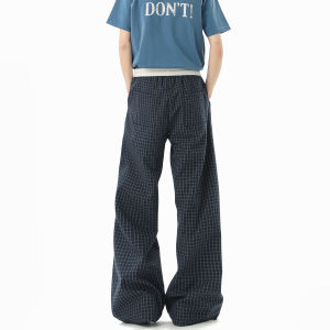 BWKA | Navy Blue Retro Plaid Wide Leg Lounge Pants