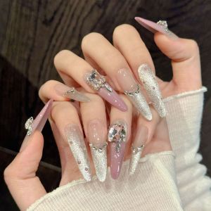 10pcs Handmade Fake Nails Fine dog pointed type Powder gold gradient diamond ornament Press On Nails False Nails French design