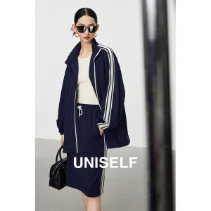 Uniself Luxury Sport Fashion Set Womens Loose Jacket Outerwear Color Block Weave Belt Half Skirt Autumn Collection