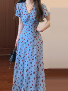 BeautyMark | Váy midi họa tiết hoa xanh Pháp thanh lịch mùa hè 2025 Váy nữ dài tay ngắn thường ngày phong cách ngọt ngào BeautyMark