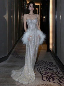 Silver Sequin Evening Dress Elegant High-End French Style Sleeveless Gown for Wedding Banquet Company Annual Meeting Performance