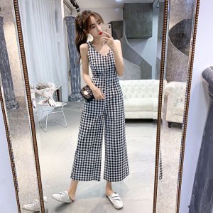Summer New Arrival K-style Jumpsuit Womens High Waist Drooping Jumpsuit Loose Pants Sleeveless Strap Gingham Jumpsuit Suit