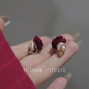 Elegant Retro สไตล์ฝรั่งเศสกํามะหยี่เต้นรําผ้าไหม Scarlet Rose ต่างหูผู้หญิง Silver Gold Plated เครื่องประดับอุปกรณ์เสริม