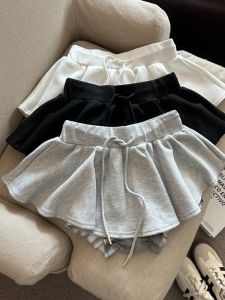 GUZILIAN | Váy mini cạp cao phong cách Pháp mùa hè mới thường ngày thể thao dây rút dễ thương chống lòe mắt váy ngắn cho nữ