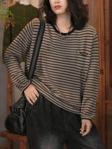 Casual Loose Long Sleeve Knitted Shirt round Neck Base Layer Top Mom Striped Pocket Autumn New Style Korean System Belly Covering Shirt