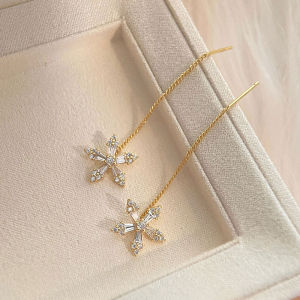 S925 Silver Needle Micro-inlaid Zircon Flower Ear Line Exquisite Light Luxury High Quality Drop Earring Star Jewelry Gifts