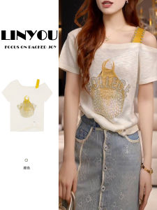 Summer 2025 Shoulder Bared Fashion Design Womens T-shirt Letter Print Short Sleeve Casual Versatile Polyester Cotton Blend T-shirt