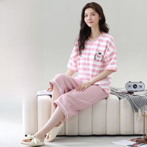 Pure Cotton Short Sleeve Sleepwear Set for Women with Chest Pad Thin Section Cartoon Animation Design Large Size Home Clothes