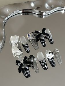 Handmade Black French Kitty Cat Butterfly Knot False Nails Removable White Enhancing Nail Art Stickers Dark Color Series