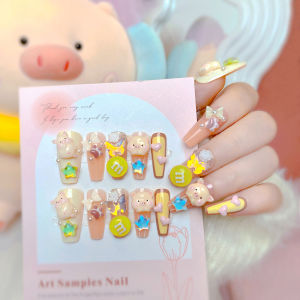 Ready Stock Female Mid-length Fake Nail Cute little pig Decor Artificial Nail for Women and Girl Party Activity