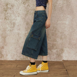 QIAOMIDUO | Summer American Retro High Street Seven-Foot Work Pants Womens Small Size Straight Wide Leg Eighteen Jeans Loose Fit Jeans