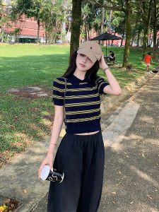 PEIXI | Summer Petite Polo Neck Stripe Knit T-Shirt