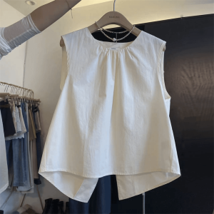 Sleeveless Crewneck Short Length Solid Color Womens Work Clothing Recommended by Kk·studio Pure Korean Style Round Neck Ruffle Back Vest