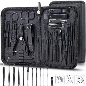 32/44pcs black Manicure Set Personal Care Professional Nail Clipper Pedicure Set Nail Tools with Luxurious Travel Case Gift