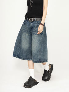 American Retro Washed Denim Wide Leg Pants Casual Mid-Length Womens Summer Jeans Loose Fit Comfortable Natural Waist