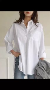 Women Loose Casual Long Sleeve Split Hem Plus Size Blouse S-3XL White/Navy