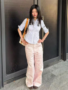 Summer Sporty Womens Striped Half Sleeve Shirt Slim Fit Waist Cinched Pure Desire Spicy Top Commute Style Korean Version Button Detail