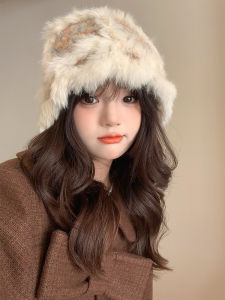 Warm Knitted Rabbit Fur Cloud Lion Hat Womens Autumn Winter Fashionable Versatile Bucket Hat Face Slimming Plush Fisherman Cap
