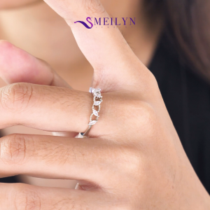 MEILYN Cincin Perhiasan Wanita Motif Permata Daun Lingkar Lapis Emas Putih Perak 18K 0222250044