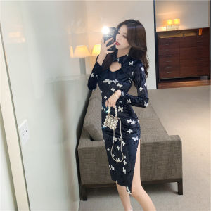 Elegant Velvet Mid-Length Bodycon Dress 2024 Spring New Style Womens Reformed Cheongsam High-End Feeling Gown Winter