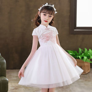 Red Lace Puffy Skirt Dress Chinese Style Princess Gown for Girls Summer Performance Cheongsam Dress Childrens Clothing