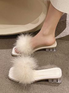 Womens Summer Outdoor Slip-On Shoes Thick Heel High Heel Fur Slippers Comfortable Rubber Bottom Daily Wear PU Material