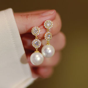 Huitan Aesthetic Simulated Pearl Hanging Earrings Women for Wedding Dazzling CZ Modern Fashion Female Earrings Party Jewelry