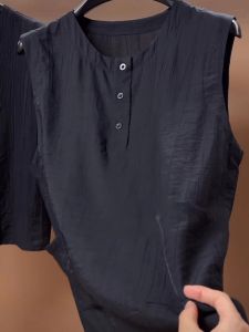 Summer Trendy Solid Color Sleeveless Thin Retro Simple Breathable Crease Mens Comfortable Shoulder T-Shirt Urban Style round Neck