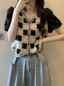 V-neck Short Tops Womens Summer Silk Ice Bohemia Crocheted Cut Out Puff Sleeves Chic Waist Jazz Short Sleeve T-shirt